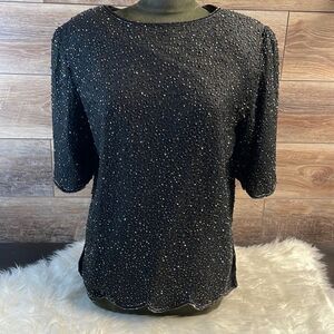 Silk Pure 100% Ladies Dress Blouse, Size L, Black Shimmery Sequins, Vintage